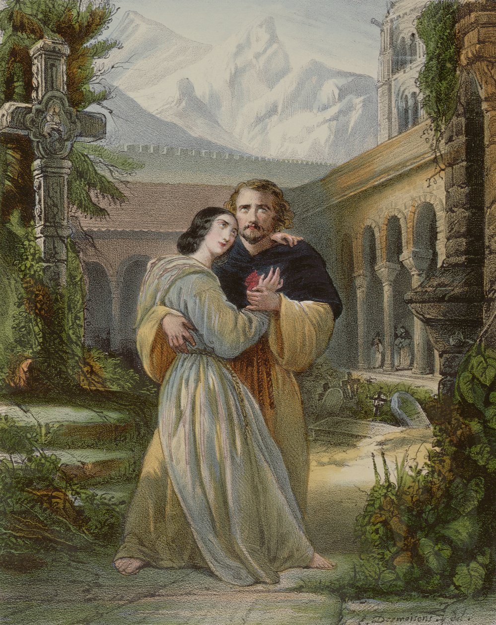 A „La Favorite” záróokmánya (IV. felvonás), amely Leonorát Fernando karjaiban haldokló ábrázolja, 1850 körül alkotó: Francois Gabriel Guillaume Lepaulle