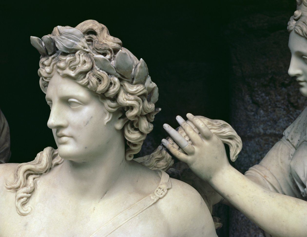 A nimfák által gondozott Apolló, Apolló fejét ábrázoló részlet, Thetis barlangjába szánták, Thomas Regnaudin közreműködésével kivégezték 1622-1706 1666-75 89799 márványrészlet alkotó: Francois Girardon