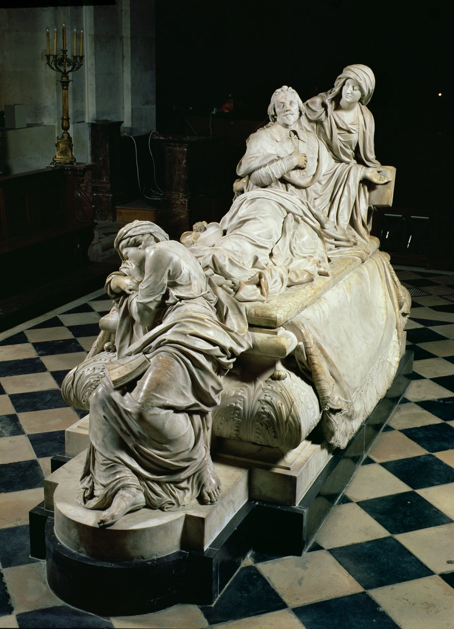 Armand-Jean du Plessis, Richelieu bíboros (1585-1642) síremléke, amely a bíborost a kegyesség karjaiban haldokolva ábrázolja, lábainál a Keresztény Tanítás síró szobra, 1675-94 (márvány). alkotó: Francois Girardon