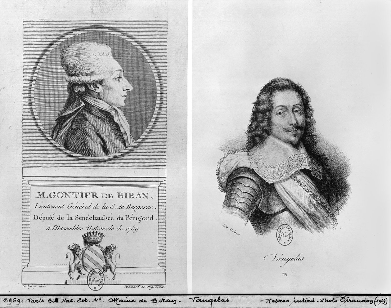 Marie Francois Gontier de Biran, Maine de Biran (1766-1824) portréja, Claude Favre de Vaugelas (1585-1650) portréja, amelyet Francois Seraphin Delpech (1778-1825) és Massard (19.) metszett ( alkotó: Adrien Pierre Francois Godefroy