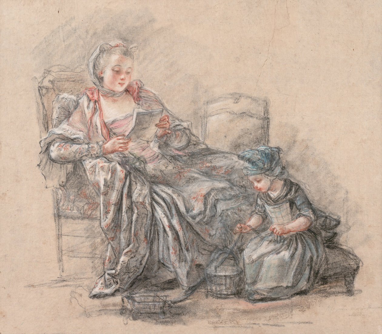 Olvasó nő és egy lány játszik (feltehetően de Pompadour márkiné Alexandrine lányával), 1748 alkotó: Francois Guérin