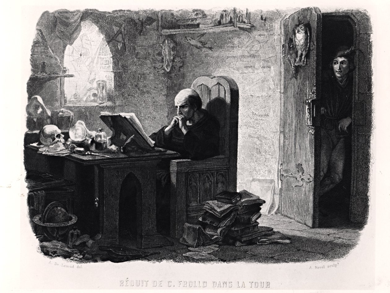 Claude Frollo a torony parányi szobájában, illusztráció Victor Hugo (1802-85) „Notre-Dame de Paris” című művéből (1831), vésette Auguste Francois Garnier, 1844 alkotó: Francois Joseph Aime de Lemud