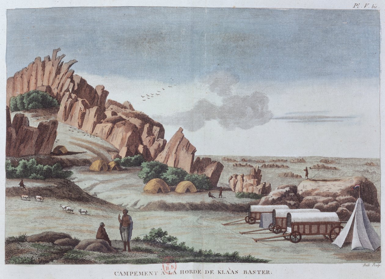 Klaas Baster Camp, „M. le Vaillant utazásai Afrika belsejében a Bonne Esperance-foknál 1780-85”, Hulk metszet, 1790-ben megjelent (színes metszet) alkotó: Francois Le Vaillant