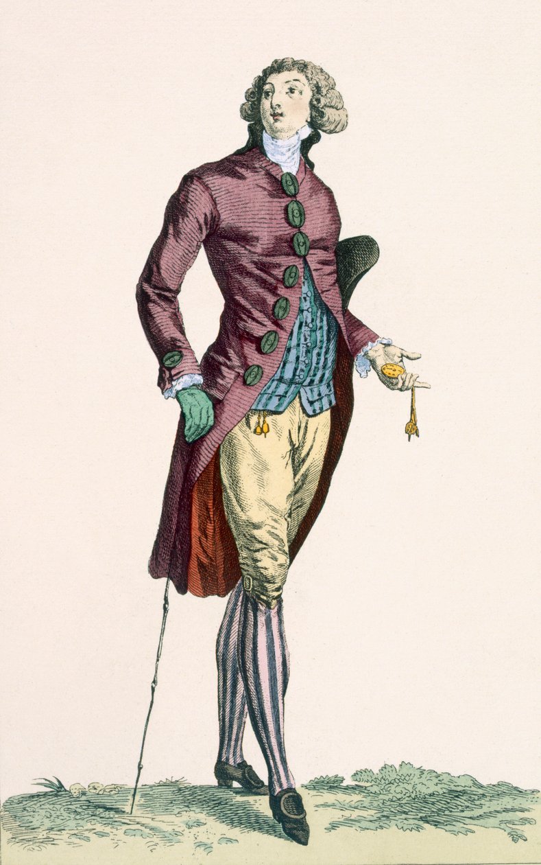 Egy gáláns fiatalember zúzott bársonyruhában, fedett gombokkal, Baquoi metszete, 279. tábla a "Galeries des Modes et Costumes Francais"-ból, 1778-87 körül. alkotó: Francois Louis Joseph Watteau