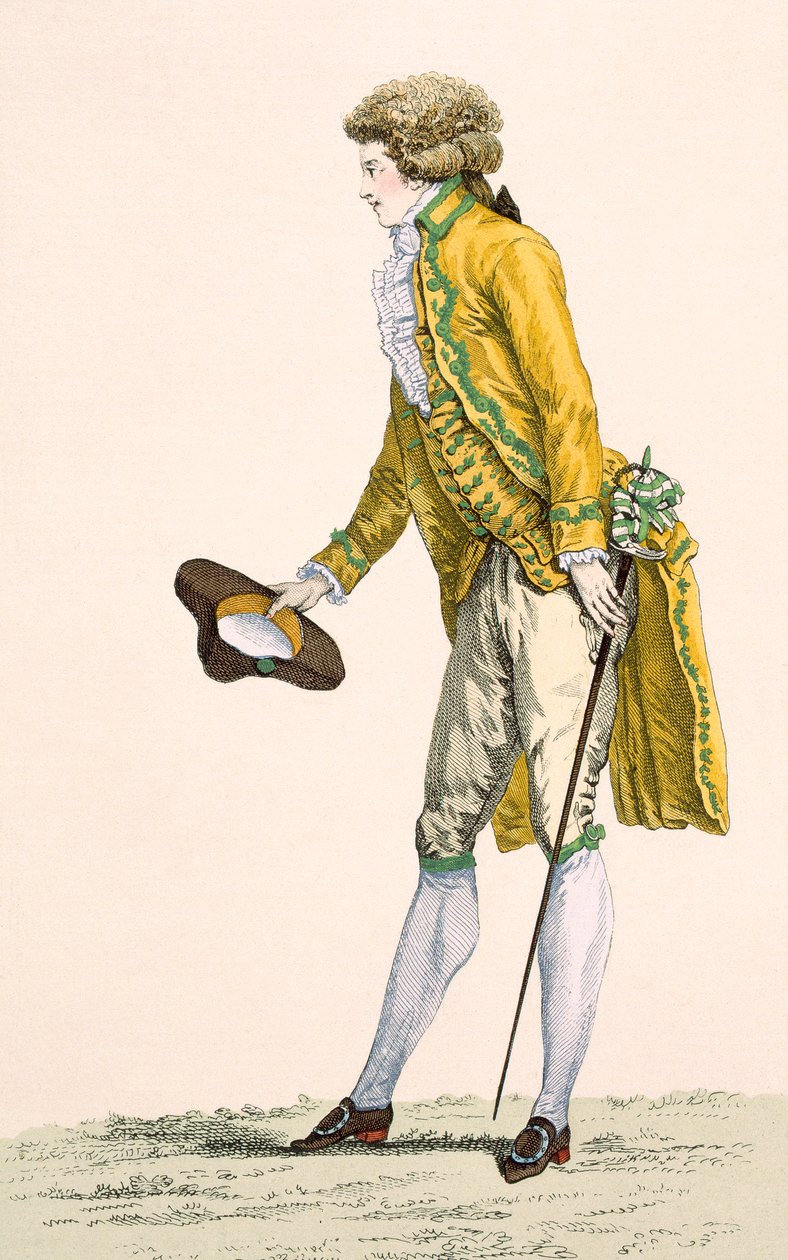 Hímzett zakót és mellényt viselő fiatalember, Le Beau metszete, 253. sz. tábla a "Galeries des Modes et Costumes Francais"-ból, 1778-87 körül 99:ruházat; hagyományos öltözet. alkotó: Francois Louis Joseph Watteau