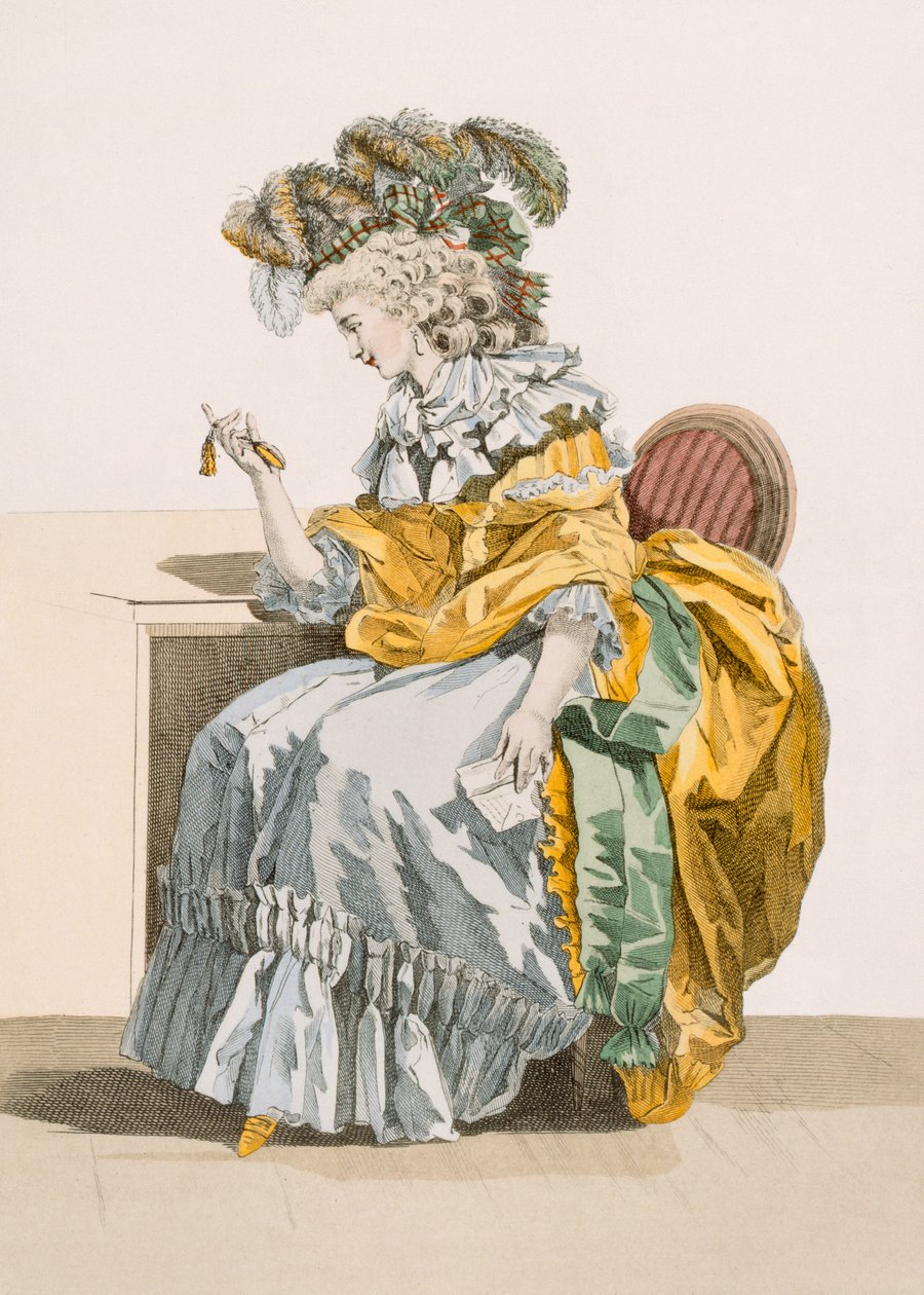 Egy aggódó hölgy reggeli ruhába és fejfedőbe öltözött órájára néz a la Marlborough, Dupin metszetével, a „Galeries des Modes et Costumes Francais” táblája, 1778-87 körül. alkotó: Francois Louis Joseph Watteau