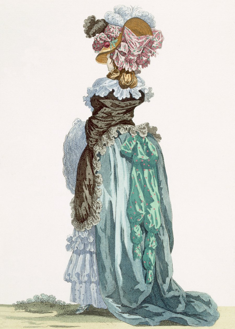 Egy sétatéri ruha hátulnézete, Dupin gravírozása, 224-es tábla a „Galeries des Modes et Costumes Francais”-ból, 1789 alkotó: Francois Louis Joseph Watteau