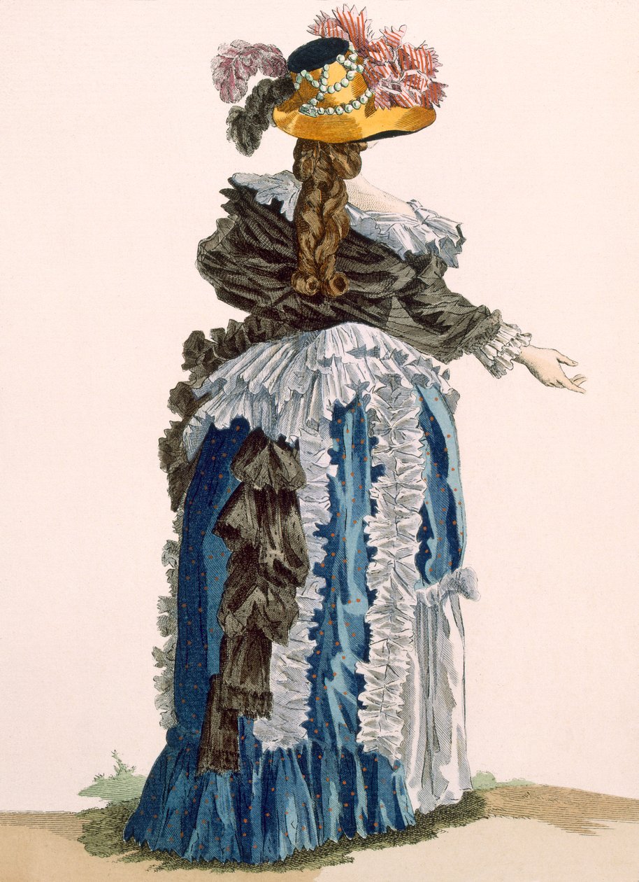 Női ruha hátulnézete, Dupin gravírozása, 247. számú tábla a „Galeries des Modes et Costumes Francais”-ból, 1778-87 99: ruházat; tradicionális öltözet; népviselet; divat; én alkotó: Francois Louis Joseph Watteau