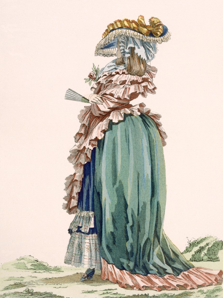 Női ruha hátulnézete, Dupin gravírozása, 189. számú tábla a „Galeries des Modes et Costumes Francais”-ból, 1778-87 99: ruházat; tradicionális öltözet; népviselet; divat; alkotó: Francois Louis Joseph Watteau