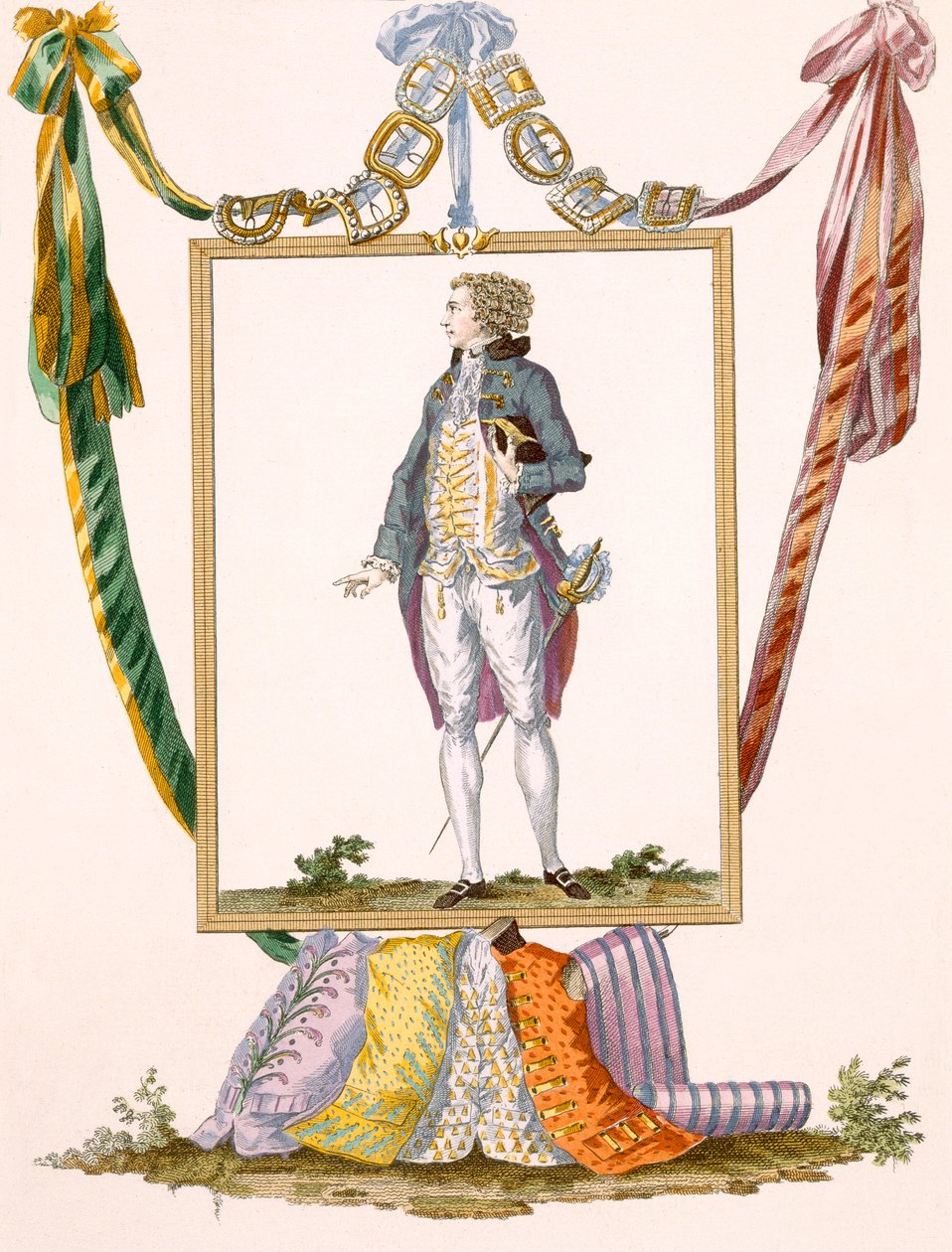 Könnyű ruhás úriember, Duhamel gravírozása, 231-es tábla a „Galeries des Modes et Costumes Francais”-ból alkotó: Francois Louis Joseph Watteau