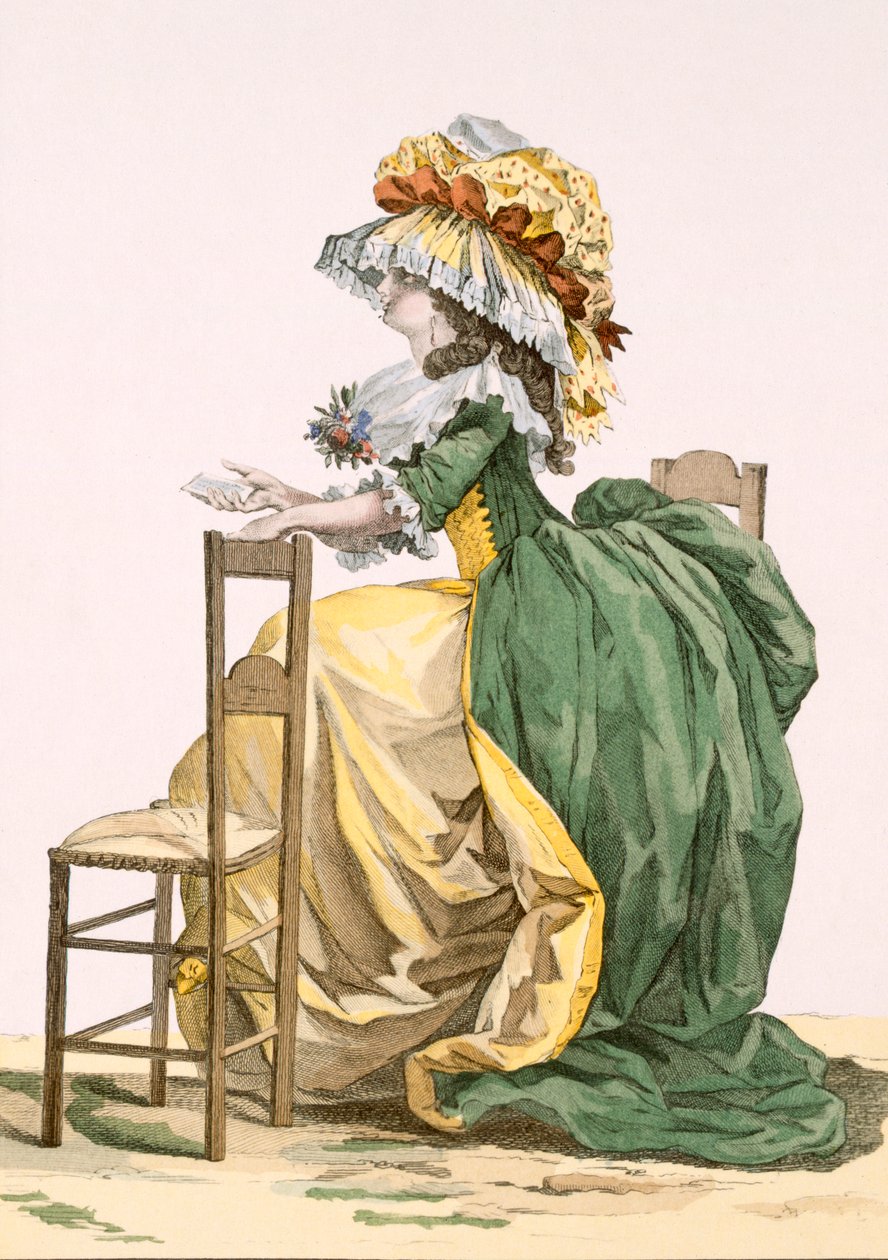 Bacquoy által gravírozott, igényesen kidolgozott női ruha, a „Galeries des Modes et Costumes Francais” táblája, 1778-87 99:ruházat; tradicionális öltözet; népviselet; divat; illusztrálja alkotó: Francois Louis Joseph Watteau