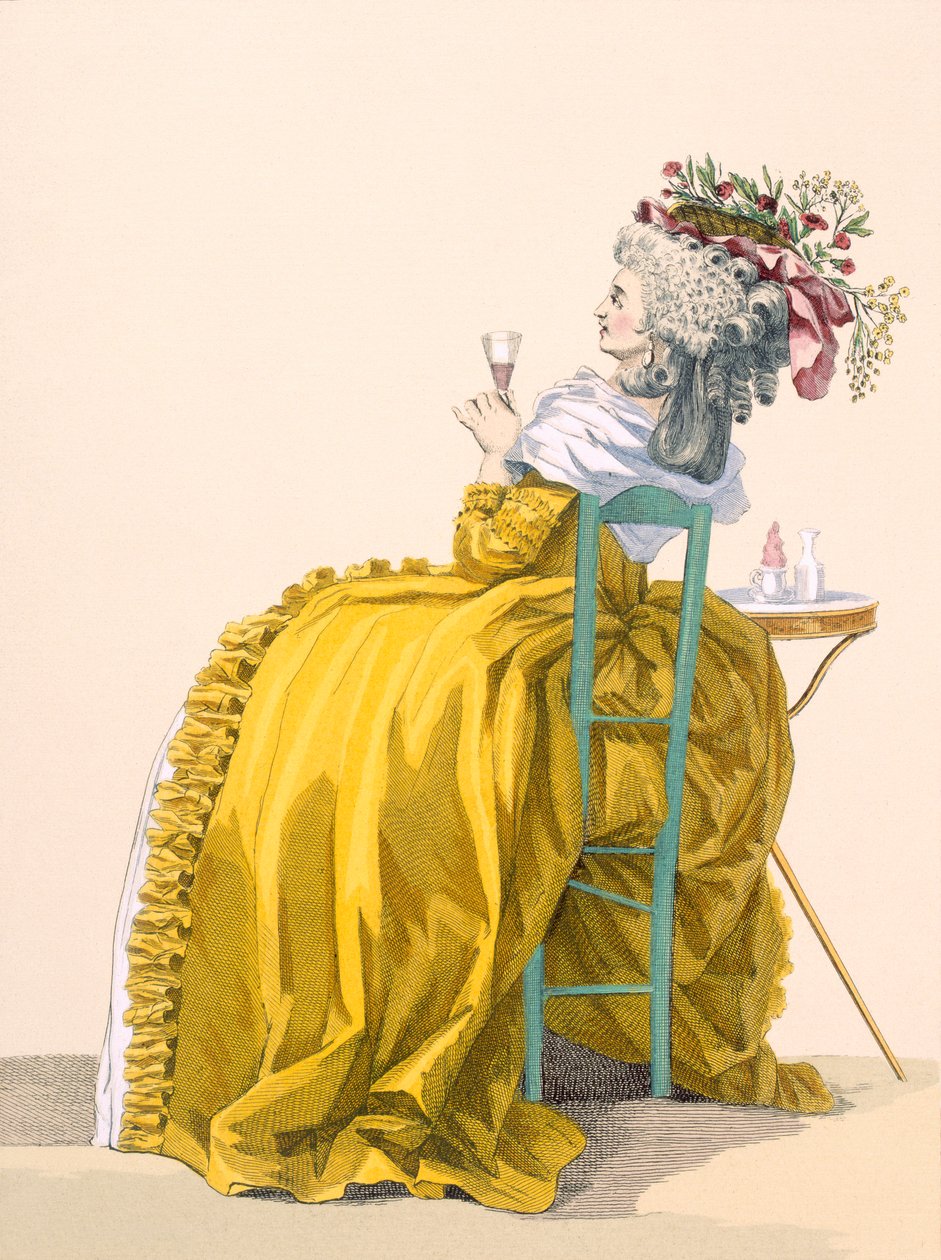 Hölgy a széken dőlve pezsgőt iszik, Dupin metszet, 193-as tábla a „Galeries des Modes et Costumes Francais”-ból, 1778-87 körül alkotó: Francois Louis Joseph Watteau