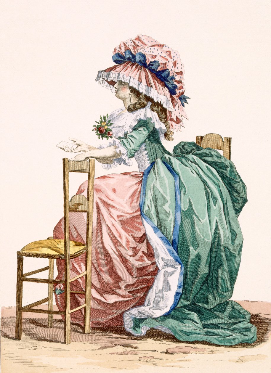 Hölgy egy székre támaszkodva ül, Bacquoy gravírozása, 203. tábla a „Galeries des Modes et Costumes Francais”, 1778-87 99 körül: ruházat; tradicionális öltözet; népviselet; divat alkotó: Francois Louis Joseph Watteau