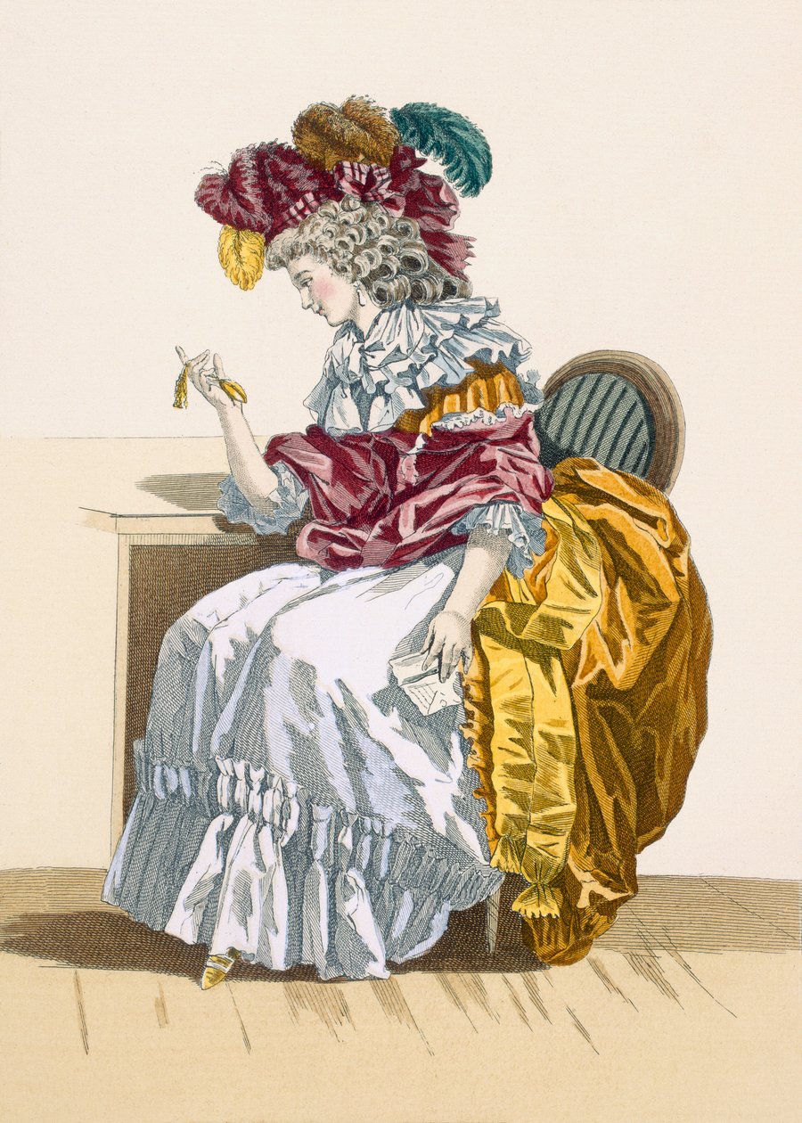 Hölgy ül és várja barátját, Dupin metszete, 191. sz. tábla a "Galeries des Modes et Costumes Francais"-ból, 1778-87 körül. alkotó: Francois Louis Joseph Watteau