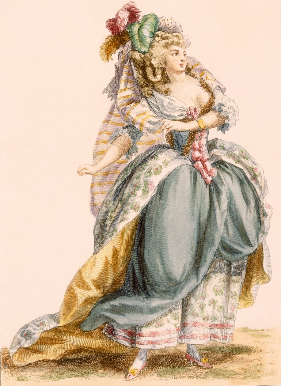 Hölgyi jelmez a "La Trevesti" című opera alapján, Bacquoy metszete, a "Galeries des Modes et Costumes Francais" c.1778-87-ből. alkotó: Francois Louis Joseph Watteau