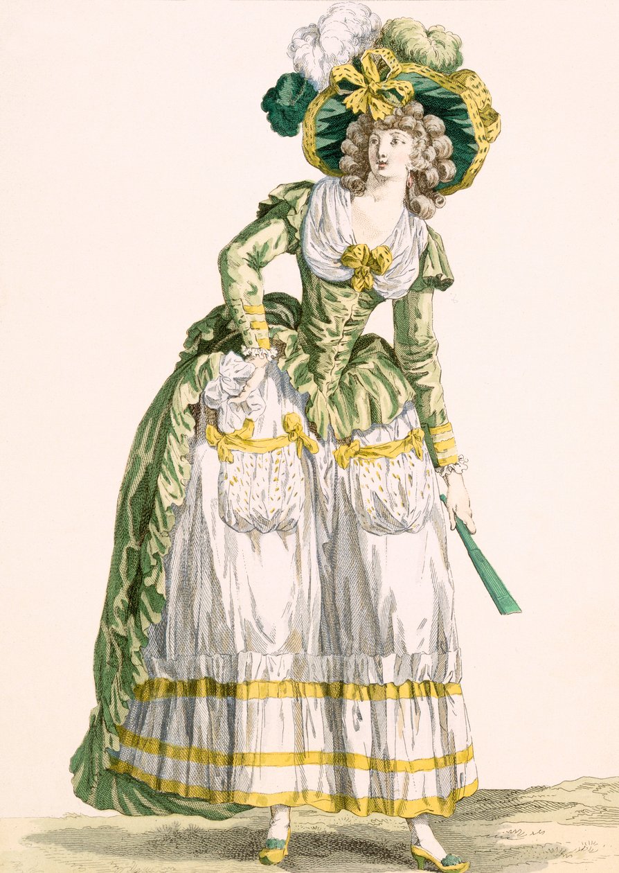 Női vidéki stílusú ruha, Bacquoy gravírozásával, 228-as tábla a „Galeries des Modes et Costumes Francais”-ból, 1780 alkotó: Francois Louis Joseph Watteau