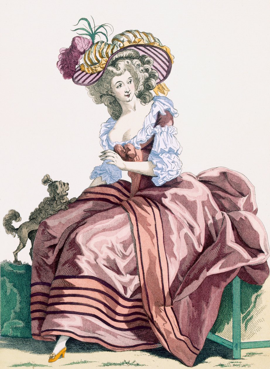 Lady elegáns karamell színű szatén köntöse, Le Beau gravírozása, 172-es tábla a „Galeries des Modes et Costumes Francais”, 1778-87 körül alkotó: Francois Louis Joseph Watteau
