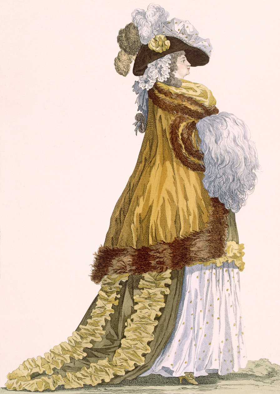 Női operaköpeny luxus szatén köpennyel, szőrmeszegéllyel, Dupin gravírozása, 217. sz. tábla a „Galeries des Modes et Costumes Francais”-ból, 1778-87 99:ruházat; hagyományos dre alkotó: Francois Louis Joseph Watteau
