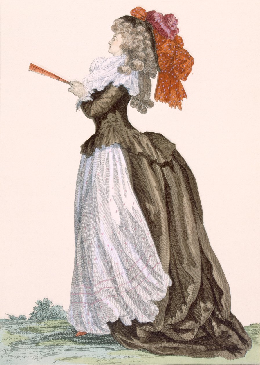 Női sétányruha, Dupin gravírozása, 222-es tábla a „Galeries des Modes et Costumes Francais”-ból, 1778-87 99: ruházat; tradicionális öltözet; népviselet; divat; beteg alkotó: Francois Louis Joseph Watteau