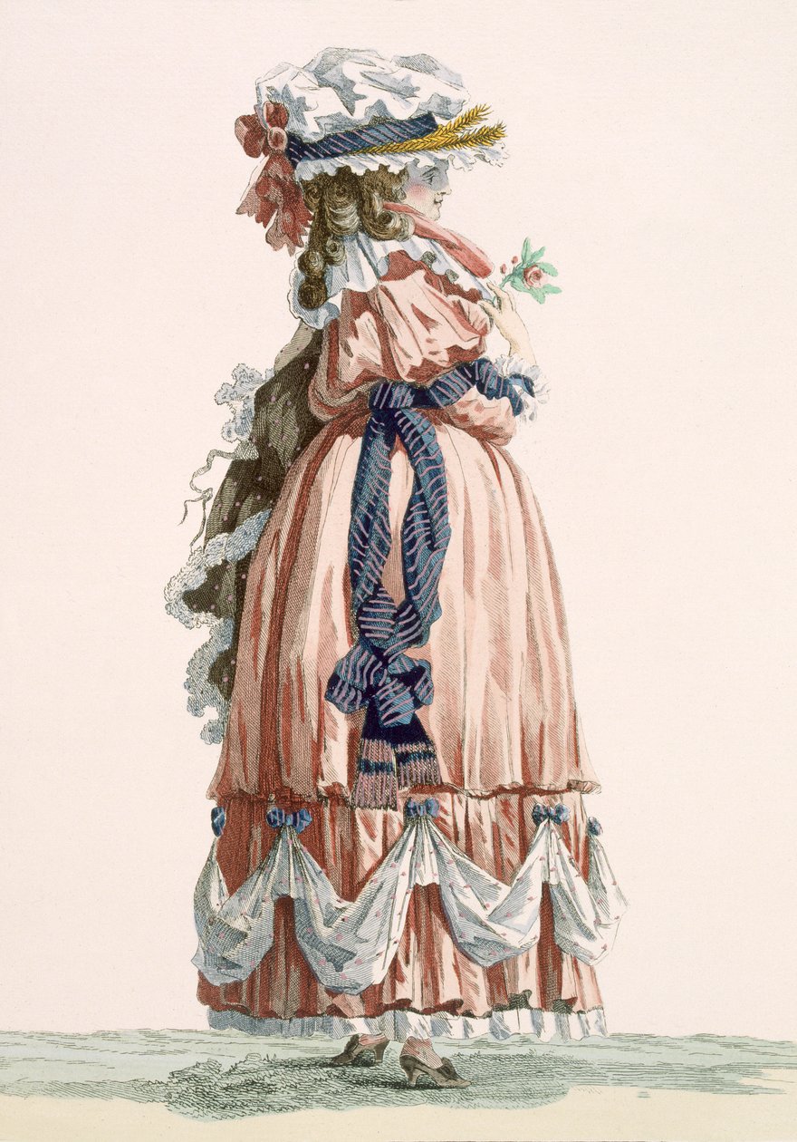 Nyári hölgy sétaruha, Dupin gravírozásával, 192. számú tábla a „Galeries des Modes et Costumes Francais”-ból, 1778-87 99: ruházat; tradicionális öltözet; népviselet; divat; alkotó: Francois Louis Joseph Watteau