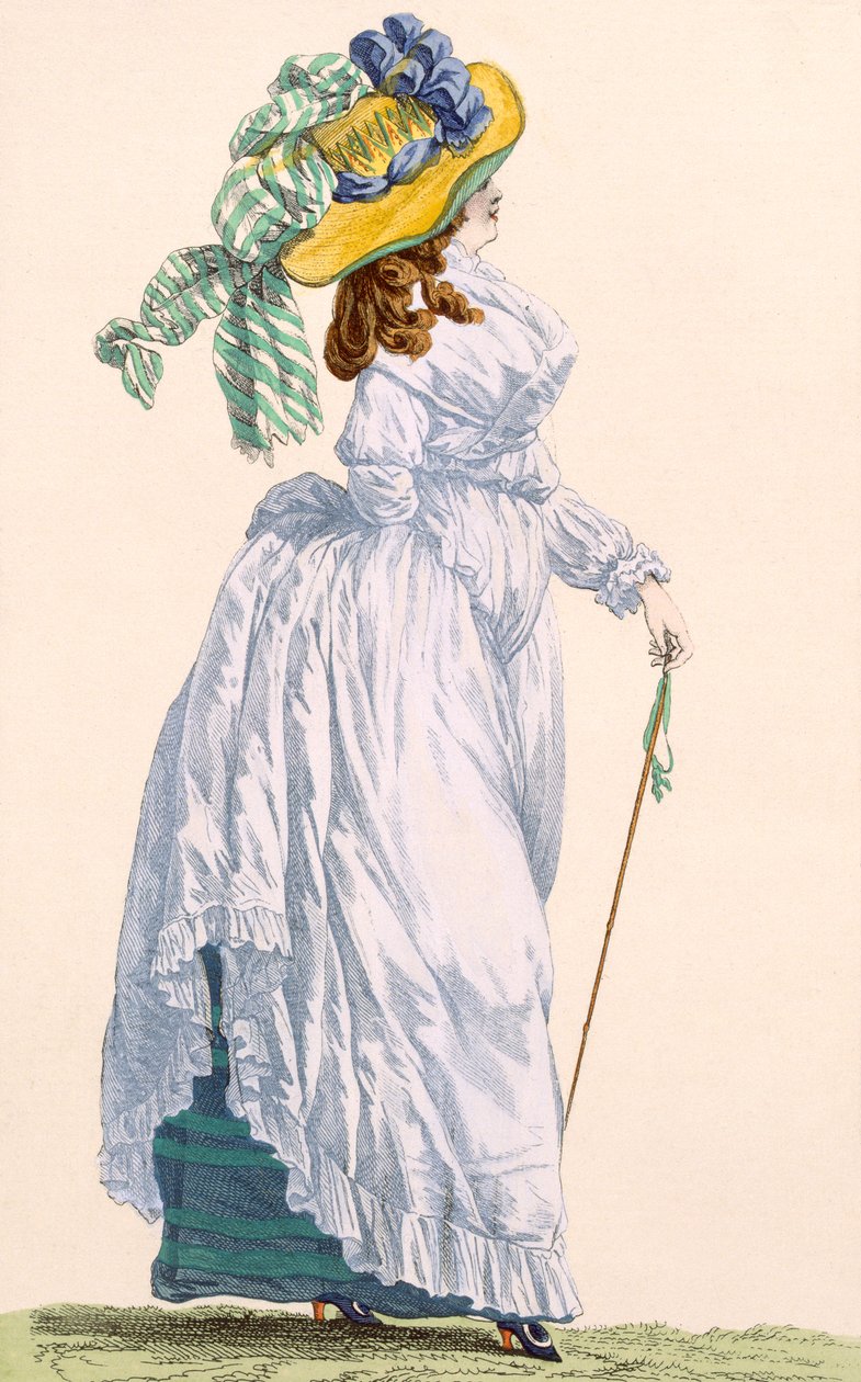 Égszínkék sétányruha zöld alsószoknyával, Le Beau gravírozása, 252-es tábla a „Galeries des Modes et Costumes Francais”-ból, 1778-87 99:ruházat; tradicionális öltözet; traditi alkotó: Francois Louis Joseph Watteau