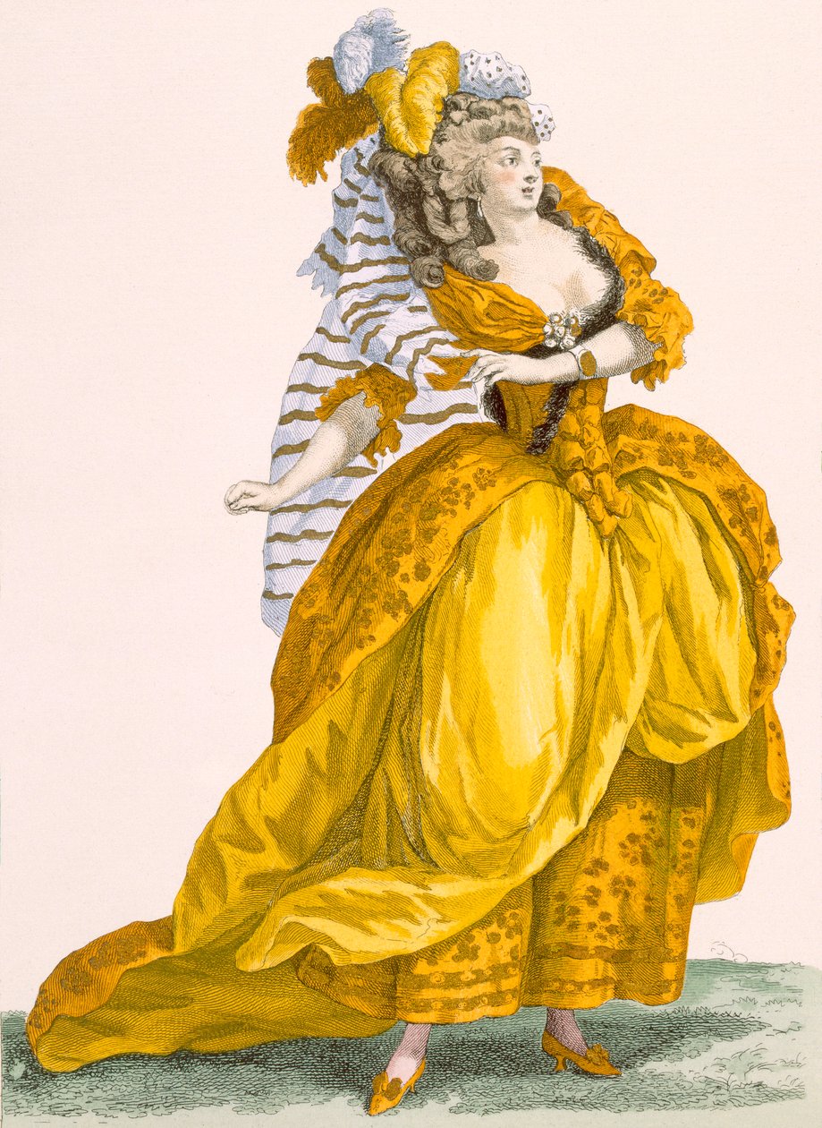 Kidolgozott ruhába és fejdíszbe öltözött nő, Bacquoy gravírozása, 218-as tábla a „Galeries des Modes et Costumes Francais”-ból, 1778-87 99: ruházat; tradicionális öltözet; traditi alkotó: Francois Louis Joseph Watteau
