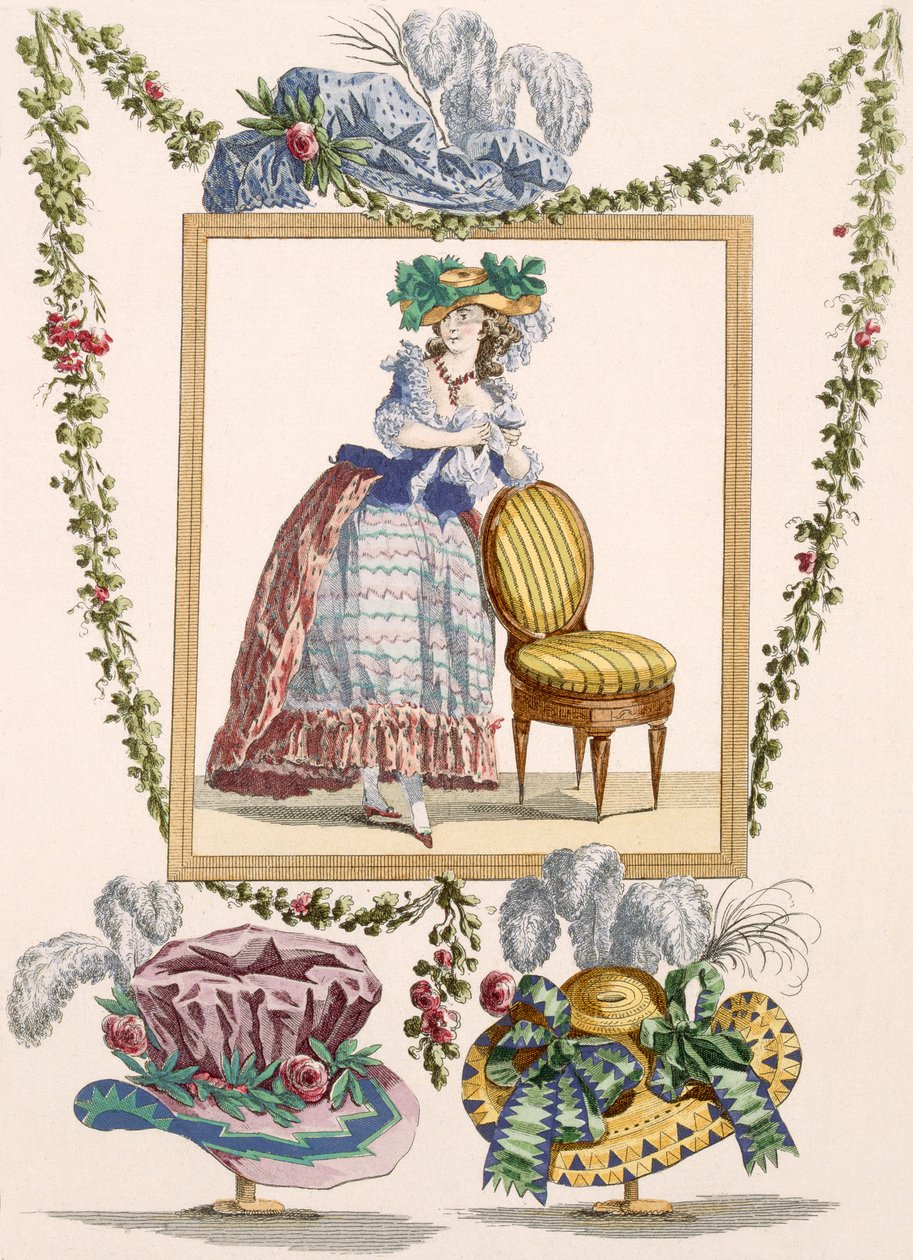 Nő elegáns nappali ruhában kalappal, Duhamel metszetével, 235-ös tábla a „Galeries des Modes et Costumes Francais”-ból, 1778-87 körül alkotó: Francois Louis Joseph Watteau