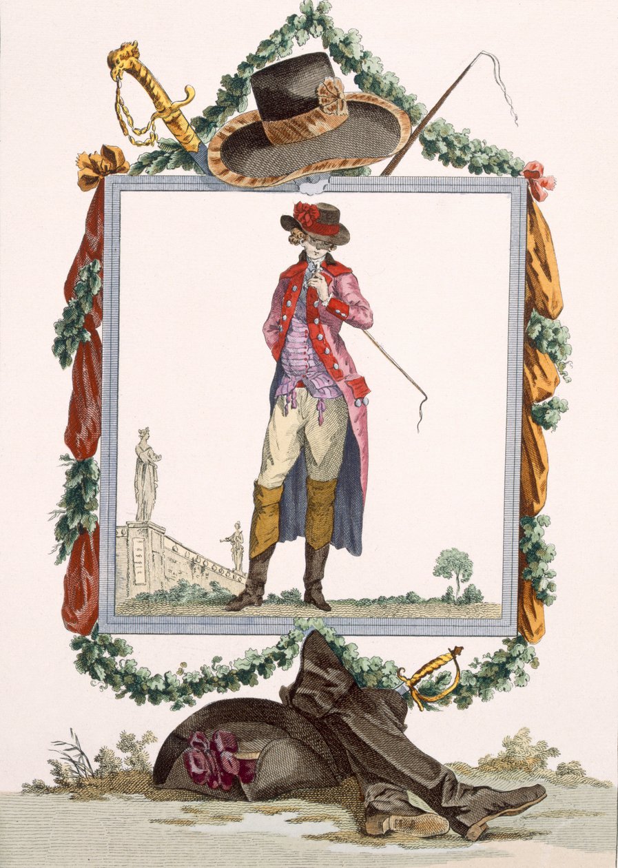 A Palais Royal fiatal, elegáns udvarnoka, Duhamel metszete, 233-as tábla a „Galeries des Modes et Costumes Francais”-ból, 1778-87 körül alkotó: Francois Louis Joseph Watteau