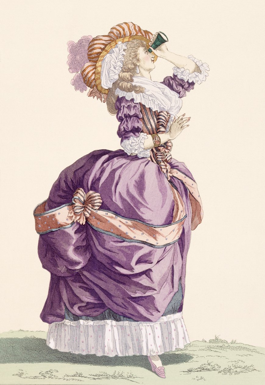 Fiatal hölgy, Le Beau metszet, 176-os tábla a „Galeries des Modes et Costumes Francais”-ból, 1778-87 körül alkotó: Francois Louis Joseph Watteau