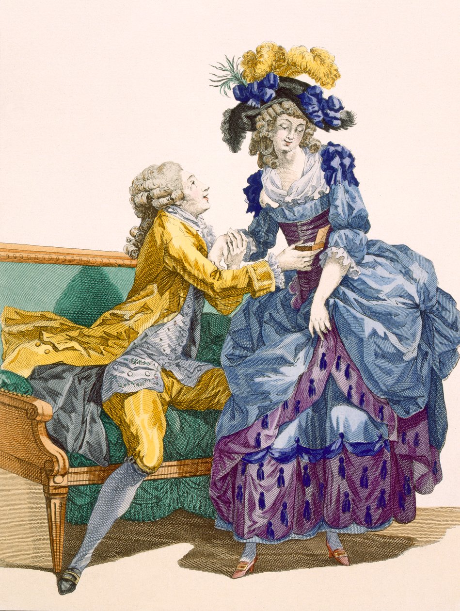 Fiatal hölgy elektromos kék és lila ruhában fiatal udvarlójával, Dupin metszetével, 206-os tábla a „Galeries des Modes et Costumes Francais”-ból, 1778-87 körül alkotó: Francois Louis Joseph Watteau