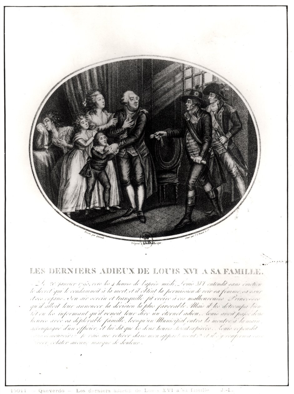 XVI. Lajos (1754-93) utolsó búcsúja családjától, 1793. január 20., metszet: J. L. Benoist (fl. 1800-40) alkotó: Francois Maria Isidore Queverdo