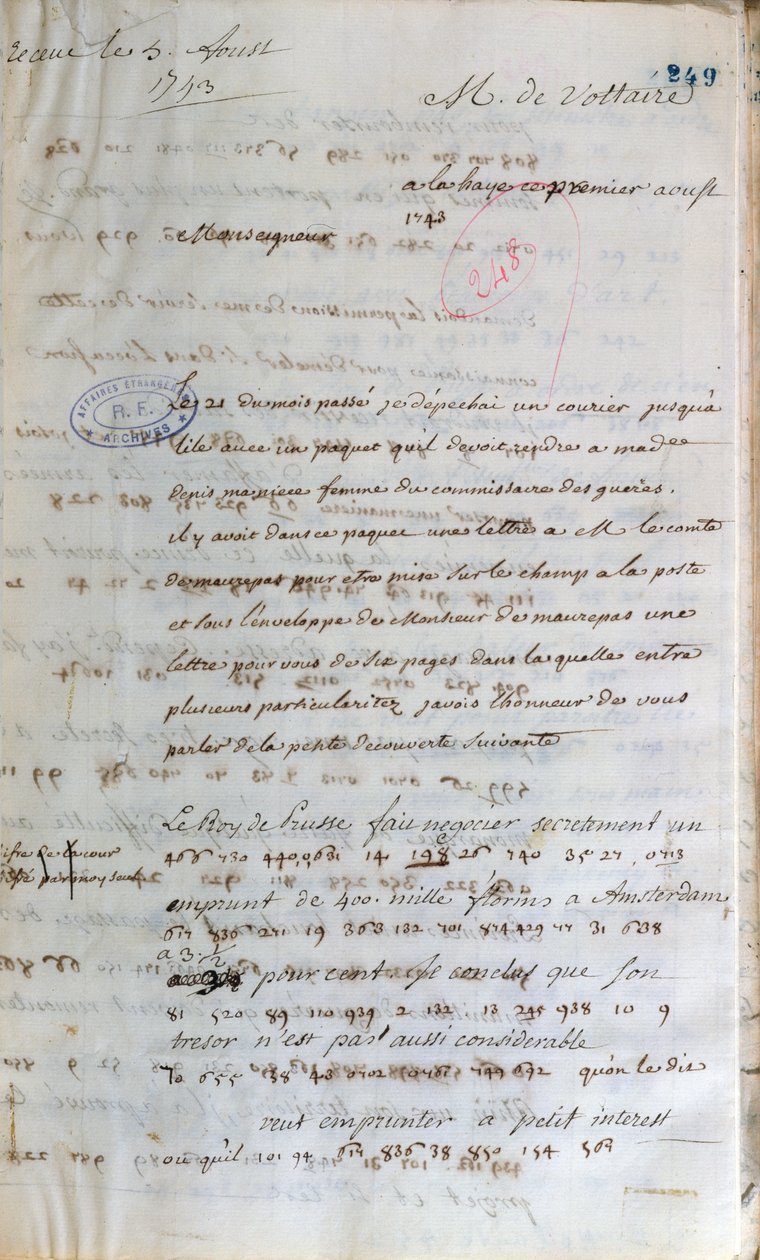 Voltaire levele, amelyet a hágai titkosügynökként dolgozó Voltaire írt a párizsi francia külügyminiszternek, 1743. augusztus 1. alkotó: Francois Marie Arouet Voltaire