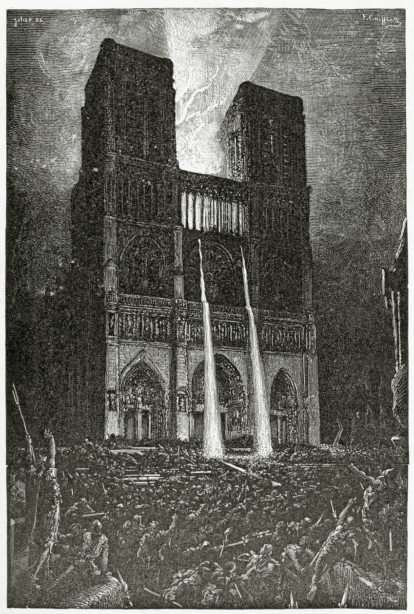 Quasimodo forró olajat önt az Esmeralda megmentésére igyekvő gazemberek seregére - illusztráció a Notre Dame de Paris-ból, 19. század (színes metszet). alkotó: Francois Nicolas Chifflart