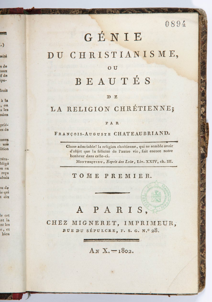 A „Genie du Christianisme ou Beautes de la Religion Chretienne” címlapja, I. kötet, chez Migneret Imprimeur, Párizs, 1802 (nyomtatott papír) alkotó: Francois Rene Vicomte de Chateaubriand