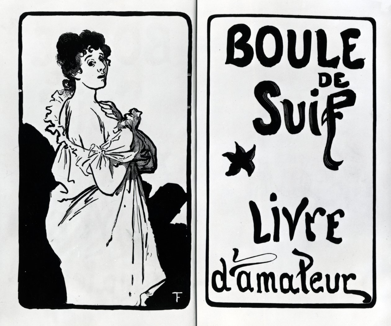Guy de Maupassant Boule de Suif című művének előlapja és címlapja, A. Romagnol fametszetei, 1897. alkotó: Francois Thevenot