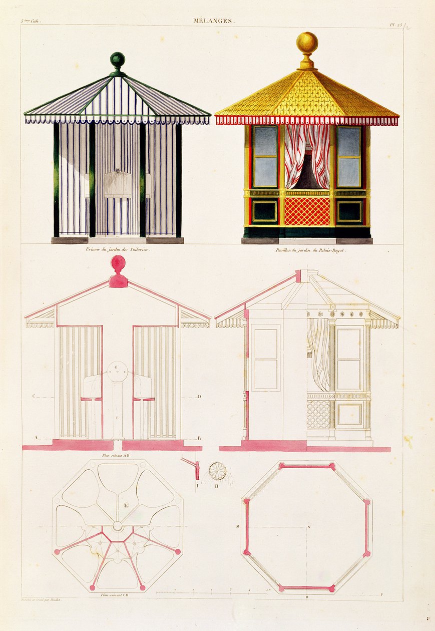 piszoár és pavilon terv, 25-ös tábla a Nouveau Recueil de Menuiserie et de Decorations interieures-től, 1837 alkotó: Francois Thiollet
