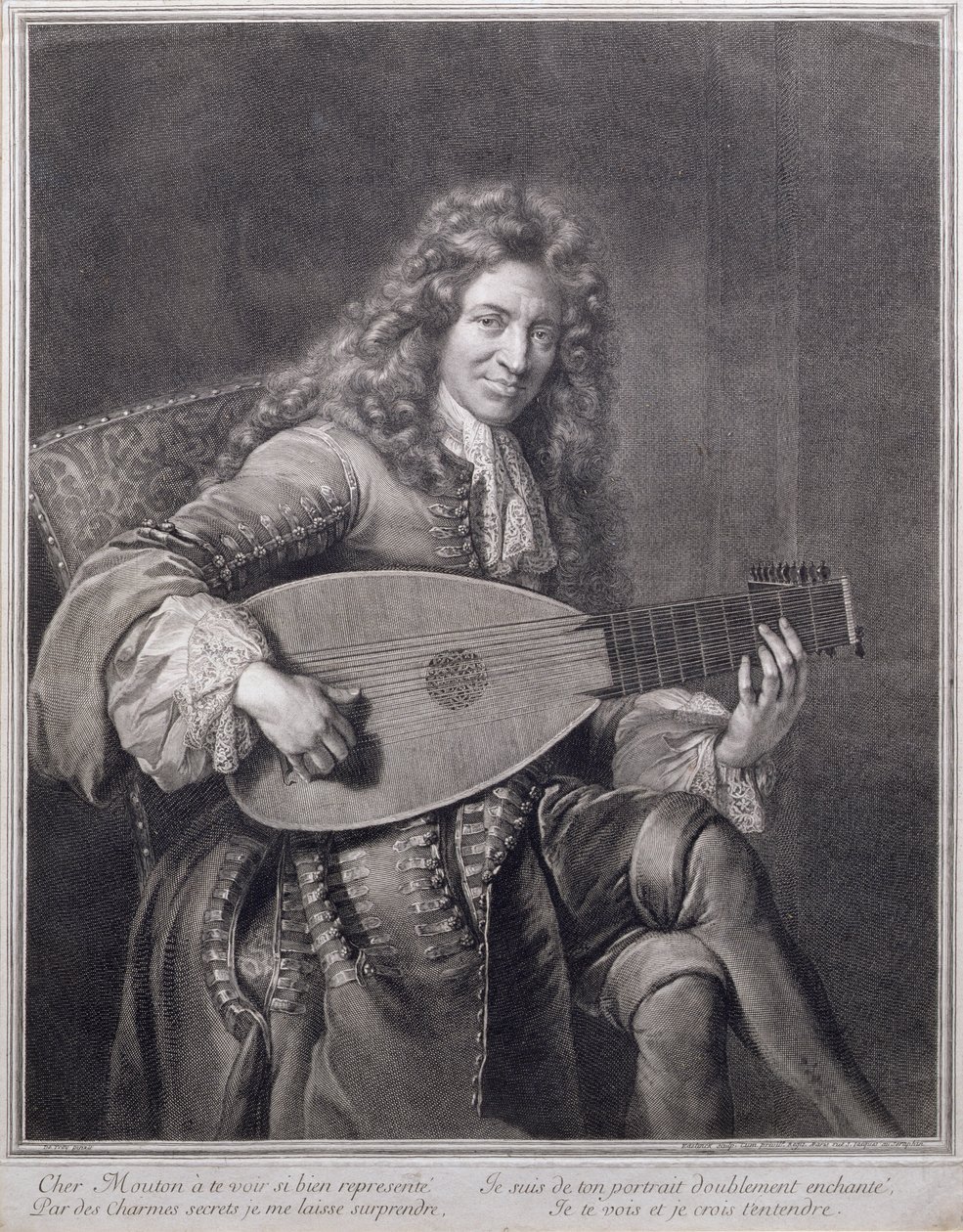 Mouton lanton játszó portréja, Gerard Edelinck (1640-1707) metszete. alkotó: Jean François de Troy