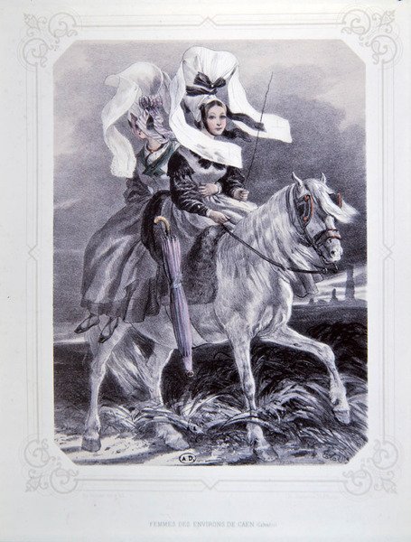Nők a normandiai Caen régióból, a „La Normandie Illustree”-ből, Charpentier metszete, Nantes-ban 1852-ben megjelent (színes litho) alkotó: Francois Hippolyte (after) Lalaisse