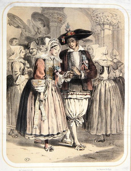 Menyasszony és vőlegény a Saille régióból, Franciaország, 1850 körül (színes litó) alkotó: Francois Hippolyte Lalaisse