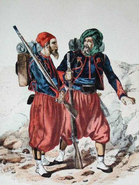Zouaves, 1860 körül (színes litográfia) alkotó: Francois Hippolyte Lalaisse
