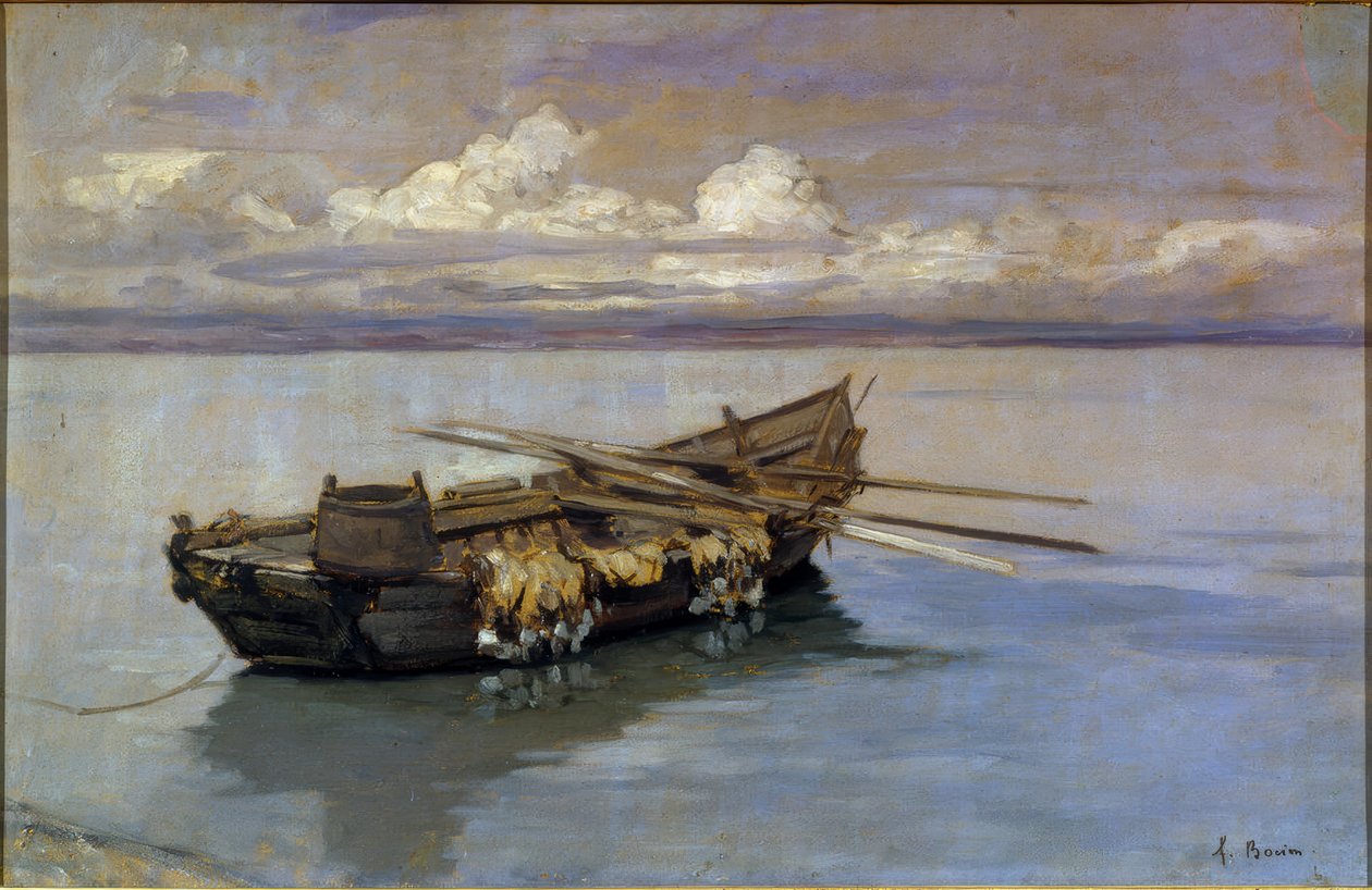 Hálóval megrakott csónak a parton alkotó: Francois-Louis-David Bocion