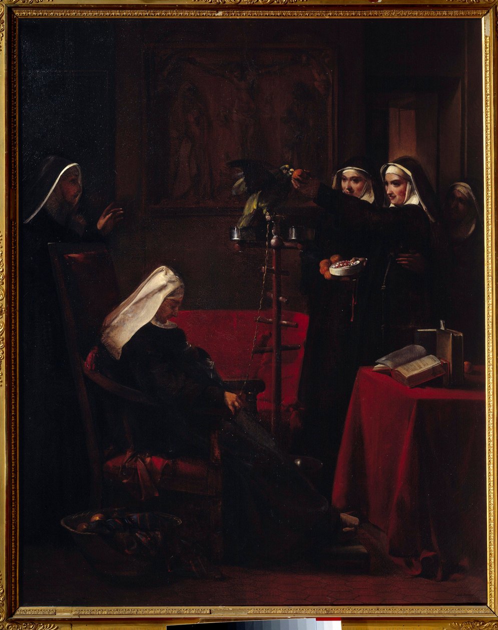 Zöld Zöld Apácák adnak enni egy alvó apáca papagájának. Francois Marius Granet (1775-1849) festménye alkotó: Francois Marius Granet