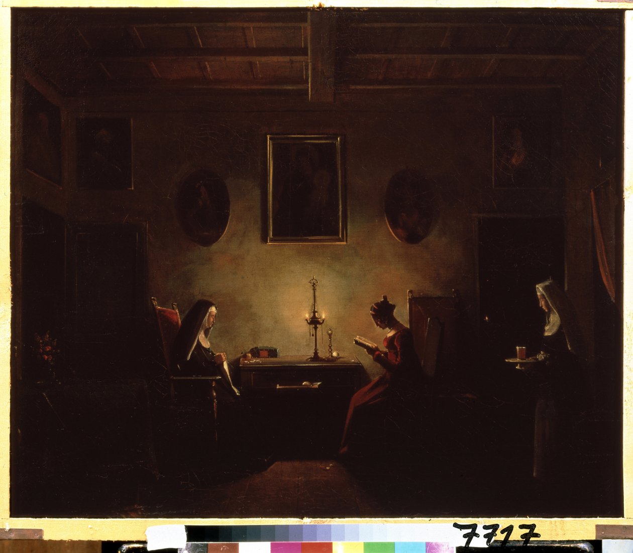 ""Belső"" Jelenet egy kolostorban, egy fiatal lány gyertyafénynél olvas, két apáca van a szobában. Francois Marius Granet (1775-1849) festménye 19. századi Puskin Múzeum, Moszkva alkotó: Francois Marius Granet