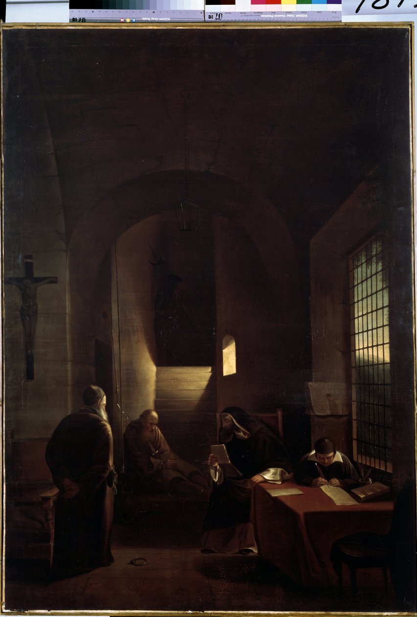 ""Galileo Galilei (Galilea) olasz csillagász (1564-1642) cellájában Firenzében az inkvizíció idején"" Francois Marius Granet (1775-1849) festménye 19. századi Ermitázs Múzeum, Szentpétervár alkotó: Francois Marius Granet
