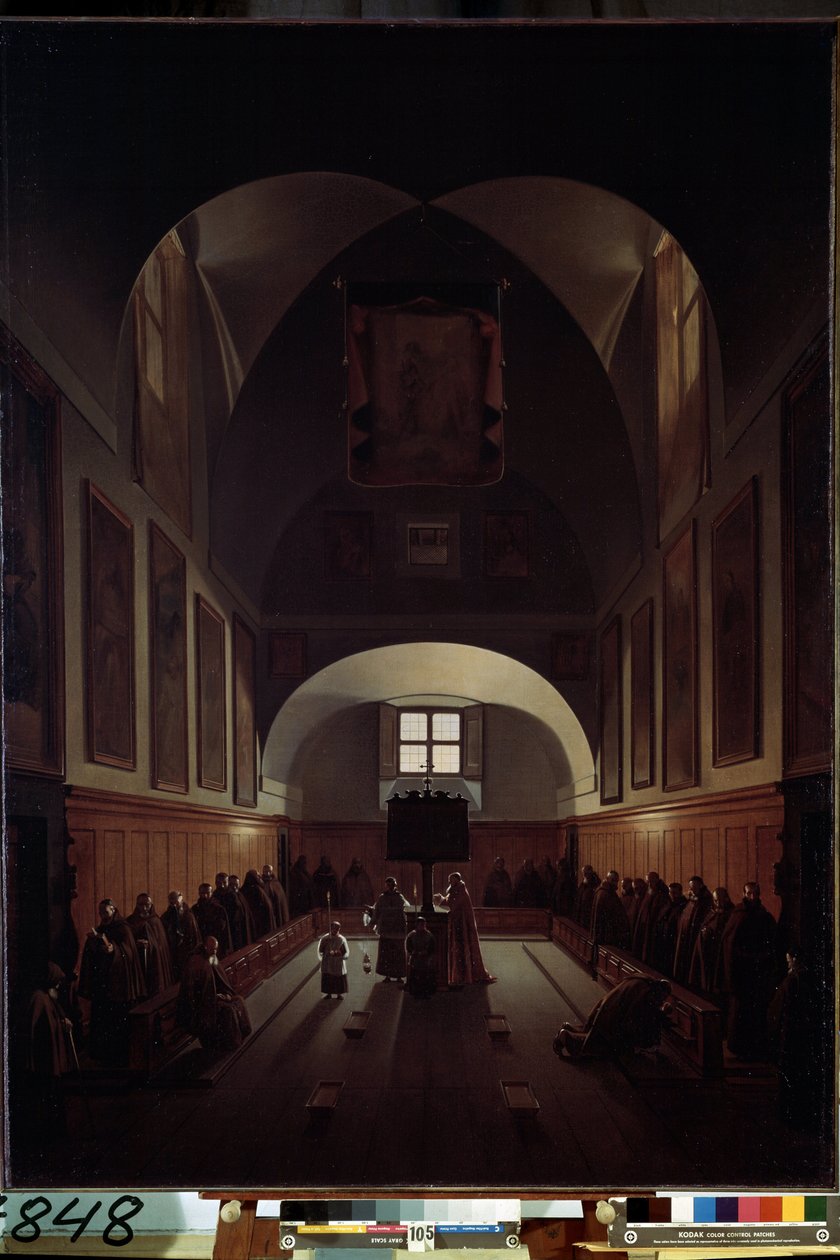 "A kórus belseje a Santa Maria della Concezione dei Cappuccini templomban a Piazza Barberini Rómában" Francois Marius festménye alkotó: Francois Marius Granet