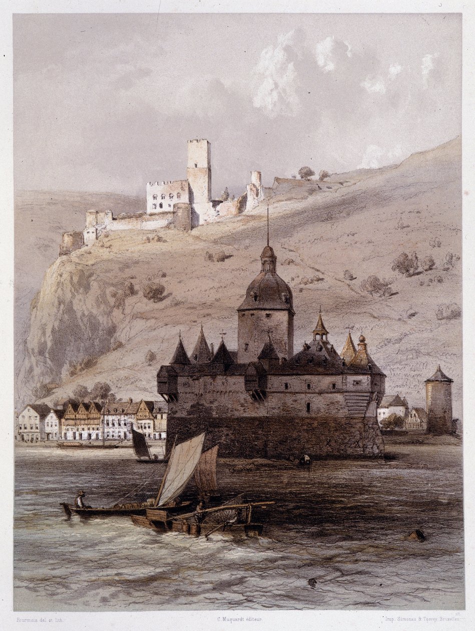 Chateau a Pfalz, Németország. „A monumentális és festői Rajnában””. Fourmais és Stroobant litográfiái alkotó: Francois Stroobant