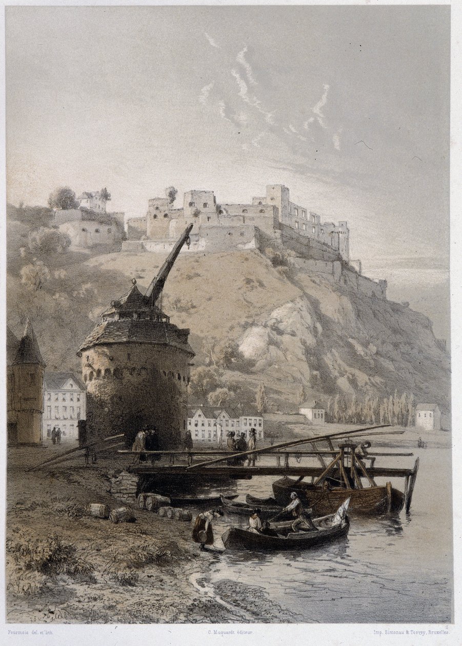 Chateau Saint Coar és Rheinfelds. „A monumentális és festői Rajnában””. Fourmais és Stroobant litográfiái alkotó: Francois Stroobant