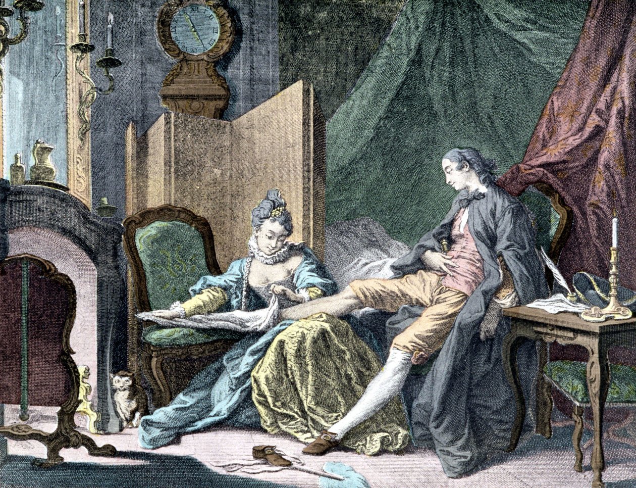 La Courtesan amoureuse: Nő, aki eltávolítja a férfi fenekét - metszet ap. Hentes alkotó: Francois (after) Boucher