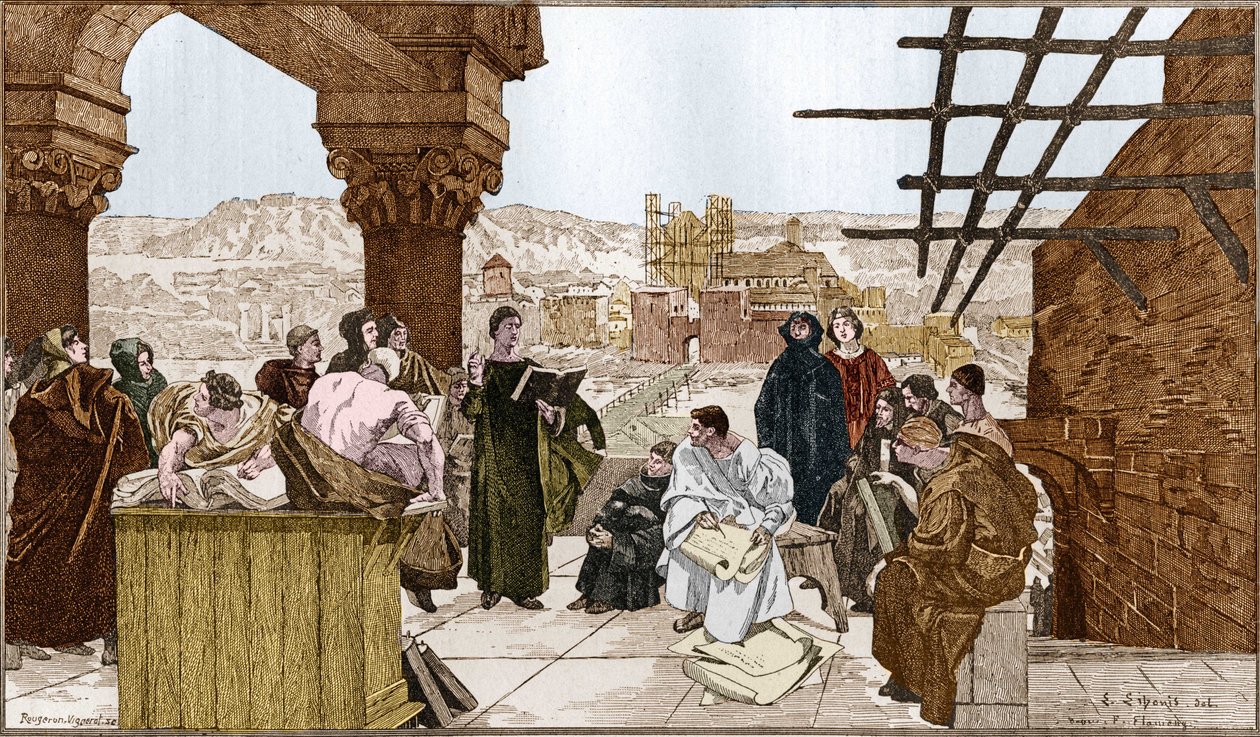 Pierre Abelard vagy Abailard (1079-1142), francia filozófus és teológus és iskolája a Sainte Genevieve hegyen. Francois Flameng freskójáról. alkotó: Francois (after) Flameng