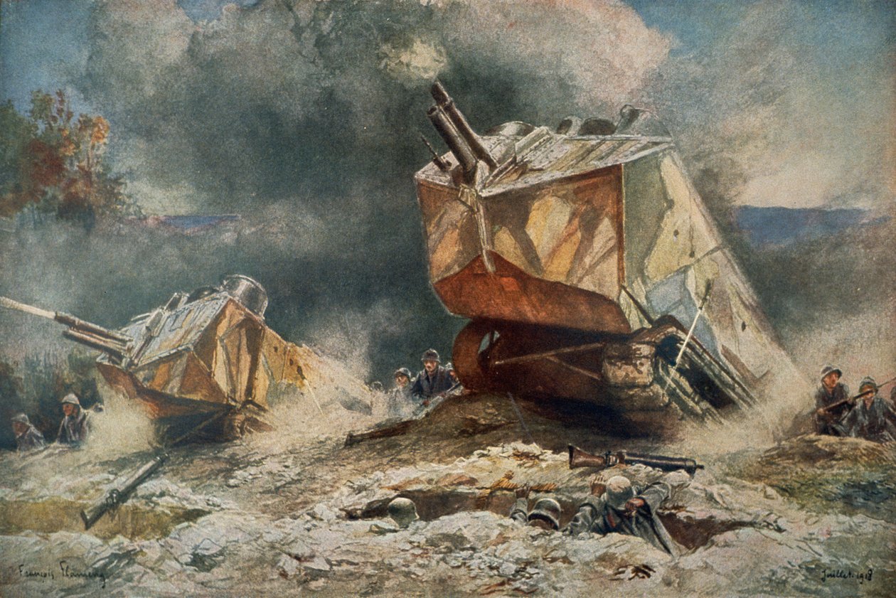 világháborús francia St Chamond típusú tank, a német állásokra előrenyomulva alkotó: Francois (after) Flameng